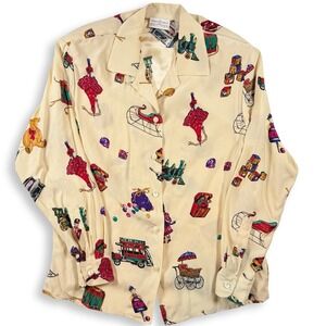 First Issue Silk Novelty Blouse Small Petite Antique Toy Print Rocking Horse